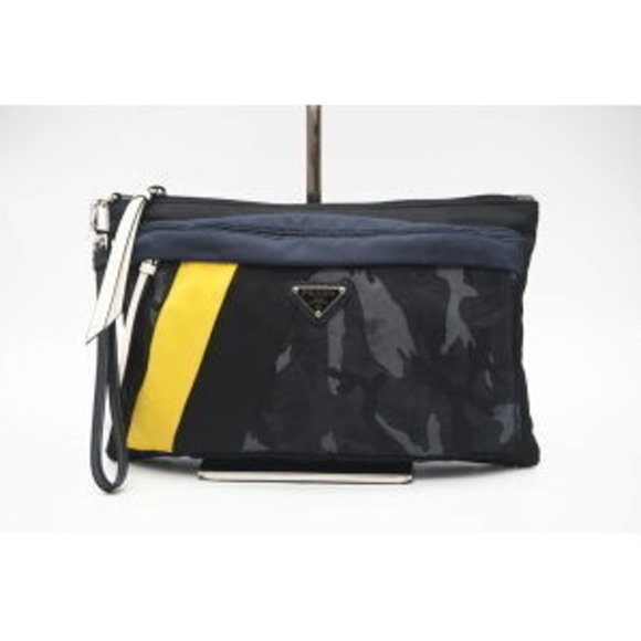 Prada Black Multicolor City Saffiano Bag Tessuto Pochette Camouflage Clutch - Picture 1 of 9